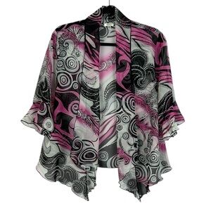 Nicola Artsy Open Front 3/4 Sleeve Ruffle Trim Sheer Kimono XL Black Pink